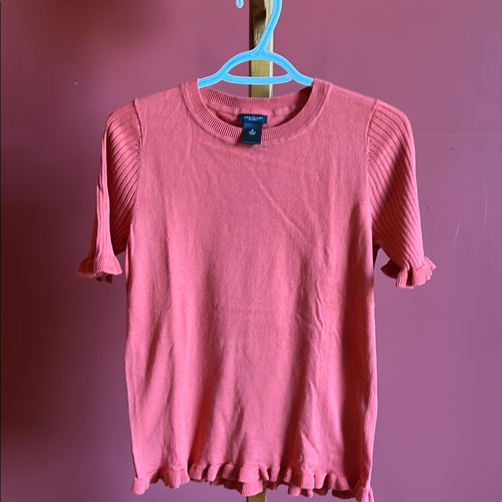 Ann Taylor Orange Ribbed Ruffled Short Sleeve sweater